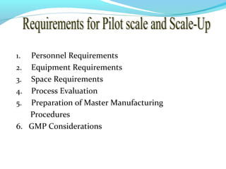 1. Personnel Requirements
2. Equipment Requirements
3. Space Requirements
4. Process Evaluation
5. Preparation of Master Manufacturing
Procedures
6. GMP Considerations
 