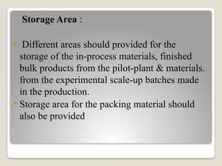 Storage Area :
 Different areas should provided for the
storage of the in-process materials, finished
bulk products from the pilot-plant & materials.
from the experimental scale-up batches made
in the production.
 Storage area for the packing material should
also be provided
 