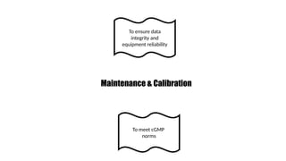To ensure data
integrity and
equipment reliability
To meet cGMP
norms
Maintenance & Calibration
 