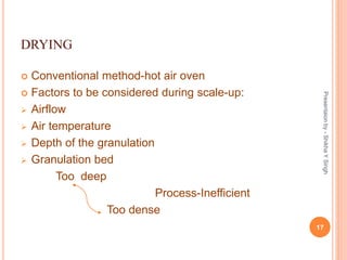 DRYING
Presentaionby-ShikhaYSingh
17
 Conventional method-hot air oven
 Factors to be considered during scale-up:
 Airflow
 Air temperature
 Depth of the granulation
 Granulation bed
Too deep
Process-Inefficient
Too dense
 