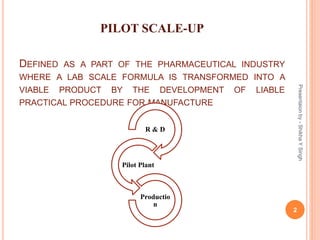 DEFINED AS A PART OF THE PHARMACEUTICAL INDUSTRY
WHERE A LAB SCALE FORMULA IS TRANSFORMED INTO A
VIABLE PRODUCT BY THE DEVELOPMENT OF LIABLE
PRACTICAL PROCEDURE FOR MANUFACTURE
Presentaionby-ShikhaYSingh
R & D
Pilot Plant
Productio
n
PILOT SCALE-UP
2
 