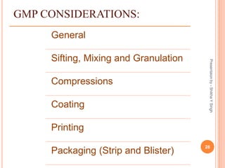 GMP CONSIDERATIONS:
General
Sifting, Mixing and Granulation
Compressions
Coating
Printing
Packaging (Strip and Blister)
28
Presentaionby-ShikhaYSingh
 