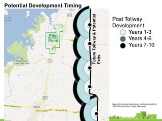 Potential Development Timing




                               Future Tollway & Potential
                                                            Post Tollway
                                                            Development
                                                                  Years 1-3
               Pilot
               Point                                              Years 4-6
                                                                  Years 7-10




                               Exits
                                                            Based on continued development trends comparable to
                                                            1997-2007 period from Texas A&M report
 