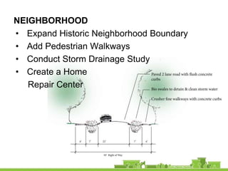 NEIGHBORHOOD
• Expand Historic Neighborhood Boundary
• Add Pedestrian Walkways
• Conduct Storm Drainage Study
• Create a Home
   Repair Center
 