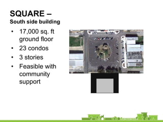 SQUARE –
South side building
• 17,000 sq. ft
  ground floor
• 23 condos
• 3 stories
• Feasible with
  community
  support
 