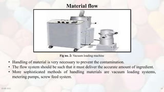 • Handling of material is very necessary to prevent the contamination.
• The flow system should be such that it must deliver the accurate amount of ingredient.
• More sophisticated methods of handling materials are vacuum loading systems,
metering pumps, screw feed system.
Material flow
Fig no. 2: Vacuum loading machine
10-08-2022 12
 
