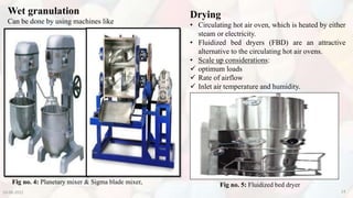 Wet granulation
Can be done by using machines like
Fig no. 4: Planetary mixer & Sigma blade mixer,
Drying
• Circulating hot air oven, which is heated by either
steam or electricity.
• Fluidized bed dryers (FBD) are an attractive
alternative to the circulating hot air ovens.
• Scale up considerations:
 optimum loads
 Rate of airflow
 Inlet air temperature and humidity.
Fig no. 5: Fluidized bed dryer
10-08-2022 14
 