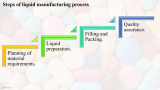 Steps of liquid manufacturing process
10-08-2022 21
Planning of
material
requirements.
Liquid
preparation.
Filling and
Packing.
Quality
assurance.
 