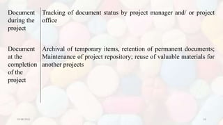 10-08-2022 33
Document
during the
project
Tracking of document status by project manager and/ or project
office
Document
at the
completion
of the
project
Archival of temporary items, retention of permanent documents;
Maintenance of project repository; reuse of valuable materials for
another projects
 