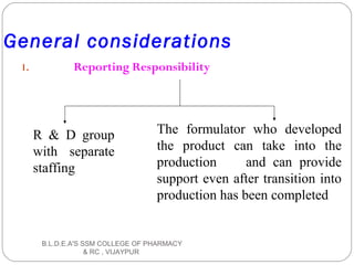 General considerations
1. Reporting Responsibility
R & D group
with separate
staffing
The formulator who developed
the product can take into the
production and can provide
support even after transition into
production has been completed
B.L.D.E.A'S SSM COLLEGE OF PHARMACY
& RC , VIJAYPUR
 