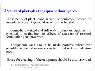  Standard pilot-plant equipment floor space:-
Discreet pilot plant space, where the equipment needed for
manufacturing all types of dosage form is located.
Intermediate – sized and full scale production equipment is
essential in evaluating the effects of scale-up of research
formulations and processes.
Equipments used should be made portable where ever
possible. So that after use it can be stored in the small store
room.
Space for cleaning of the equipment should be also provided.
B.L.D.E.A'S SSM COLLEGE OF PHARMACY
& RC , VIJAYPUR
 