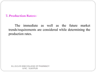 7. Production Rates:-
The immediate as well as the future market
trends/requirements are considered while determining the
production rates.
B.L.D.E.A'S SSM COLLEGE OF PHARMACY
& RC , VIJAYPUR
 