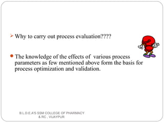  Why to carry out process evaluation????
The knowledge of the effects of various process
parameters as few mentioned above form the basis for
process optimization and validation.
B.L.D.E.A'S SSM COLLEGE OF PHARMACY
& RC , VIJAYPUR
 