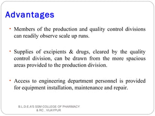 Advantages
• Members of the production and quality control divisions
can readily observe scale up runs.
• Supplies of excipients & drugs, cleared by the quality
control division, can be drawn from the more spacious
areas provided to the production division.
• Access to engineering department personnel is provided
for equipment installation, maintenance and repair.
B.L.D.E.A'S SSM COLLEGE OF PHARMACY
& RC , VIJAYPUR
 