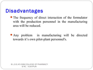 Disadvantages
The frequency of direct interaction of the formulator
with the production personnel in the manufacturing
area will be reduced.
Any problem in manufacturing will be directed
towards it’s own pilot-plant personnel's.
B.L.D.E.A'S SSM COLLEGE OF PHARMACY
& RC , VIJAYPUR
 
