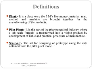 Plant:- It is a place were the 5 M’s like money, material, man,
method and machine are brought together for the
manufacturing of the products.
Pilot Plant:- It is the part of the pharmaceutical industry where
a lab scale formula is transformed into a viable product by
development of liable and practical procedure of manufacture.
Scale-up:- The art for designing of prototype using the data
obtained from the pilot plant model.
Definitions
B.L.D.E.A'S SSM COLLEGE OF PHARMACY
& RC , VIJAYPUR
 
