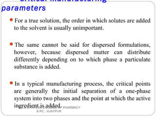 Critical manufacturing
parameters
For a true solution, the order in which solutes are added
to the solvent is usually unimportant.
The same cannot be said for dispersed formulations,
however, because dispersed matter can distribute
differently depending on to which phase a particulate
substance is added.
In a typical manufacturing process, the critical points
are generally the initial separation of a one-phase
system into two phases and the point at which the active
ingredient is added.B.L.D.E.A'S SSM COLLEGE OF PHARMACY
& RC , VIJAYPUR
 