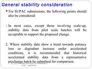 General stability consideration
For SUPAC submissions, the following points should
also be considered:
1. In most cases, except those involving scale-up,
stability data from pilot scale batches will be
acceptable to support the proposed change.
2. Where stability data show a trend towards potency
loss or degradant increase under accelerated
conditions, it is recommended that historical
accelerated stability data from a representative
prechange batch be submitted for comparison.B.L.D.E.A'S SSM COLLEGE OF PHARMACY
& RC , VIJAYPUR
 