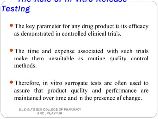 The Role of In Vitro Release
Testing
The key parameter for any drug product is its efficacy
as demonstrated in controlled clinical trials.
The time and expense associated with such trials
make them unsuitable as routine quality control
methods.
Therefore, in vitro surrogate tests are often used to
assure that product quality and performance are
maintained over time and in the presence of change.
B.L.D.E.A'S SSM COLLEGE OF PHARMACY
& RC , VIJAYPUR
 