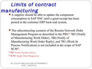 Limits of contract
manufacturing
A supplier should be able to update the component
consumption in SAP SNC until a good receipt has been
posted in the customer ERP back-end system.
The subcontracting scenario of the Rosetta Network Order
Management Program as described in the PIPs* 7B5 (Notify
of Manufacturing Work Order), 7B6 (Notify of
Manufacturing Work Order Reply), and 7B1 (Work In
Process Notification) is not included in the scope of SAP
SCM*.
* PIP- Partner Interface Process
* SCM- Supply Chain Management
B.L.D.E.A'S SSM COLLEGE OF PHARMACY
& RC , VIJAYPUR
 