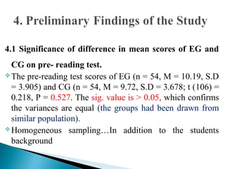 4.1 Significance of difference in mean scores of EG and
CG on pre- reading test.
The pre-reading test scores of EG (n = 54, M = 10.19, S.D
= 3.905) and CG (n = 54, M = 9.72, S.D = 3.678; t (106) =
0.218, P = 0.527. The sig. value is > 0.05, which confirms
the variances are equal (the groups had been drawn from
similar population).
Homogeneous sampling…In addition to the students
background
 