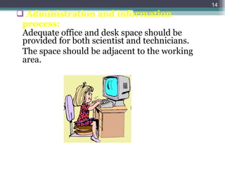 Administration and information process: Adequate office and desk space should be provided for both scientist and technicians. The space should be adjacent to the working area. 