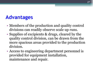 Advantages   Members of the production and quality control divisions can readily observe scale up runs. Supplies of excipients & drugs, cleared by the quality control division, can be drawn from the more spacious areas provided to the production division. Access to engineering department personnel is provided for equipment installation, maintenance and repair. 