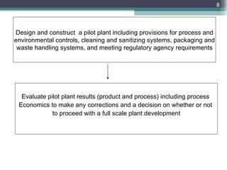 08 June 2009 SRTM University, Nanded Design and construct  a pilot plant including provisions for process and environmental controls, cleaning and sanitizing systems, packaging and  waste handling systems, and meeting regulatory agency requirements Evaluate pilot plant results (product and process) including process  Economics to make any corrections and a decision on whether or not  to proceed with a full scale plant development 