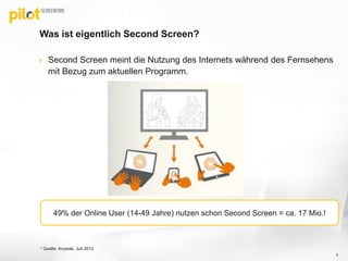 Was ist eigentlich Second Screen?

   Second Screen meint die Nutzung des Internets während des Fernsehens
    mit Bezug zum aktuellen Programm.




      49% der Online User (14-49 Jahre) nutzen schon Second Screen = ca. 17 Mio.!



* Quelle: Anywab, Juli 2012
                                                                                    3
 
