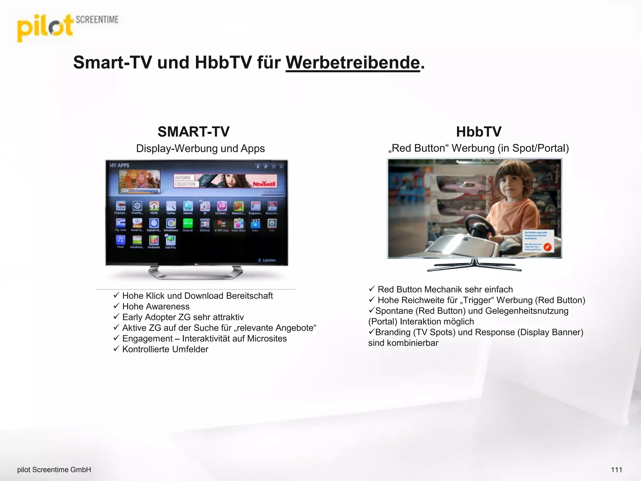 Smart-TV und HbbTV für Werbetreibende.
111pilot Screentime GmbH
Display-Werbung und Apps
SMART-TV
 Hohe Klick und Download Bereitschaft
 Hohe Awareness
 Early Adopter ZG sehr attraktiv
 Aktive ZG auf der Suche für „relevante Angebote“
 Engagement – Interaktivität auf Microsites
 Kontrollierte Umfelder
„Red Button“ Werbung (in Spot/Portal)
HbbTV
 Red Button Mechanik sehr einfach
 Hohe Reichweite für „Trigger“ Werbung (Red Button)
Spontane (Red Button) und Gelegenheitsnutzung
(Portal) Interaktion möglich
Branding (TV Spots) und Response (Display Banner)
sind kombinierbar
 