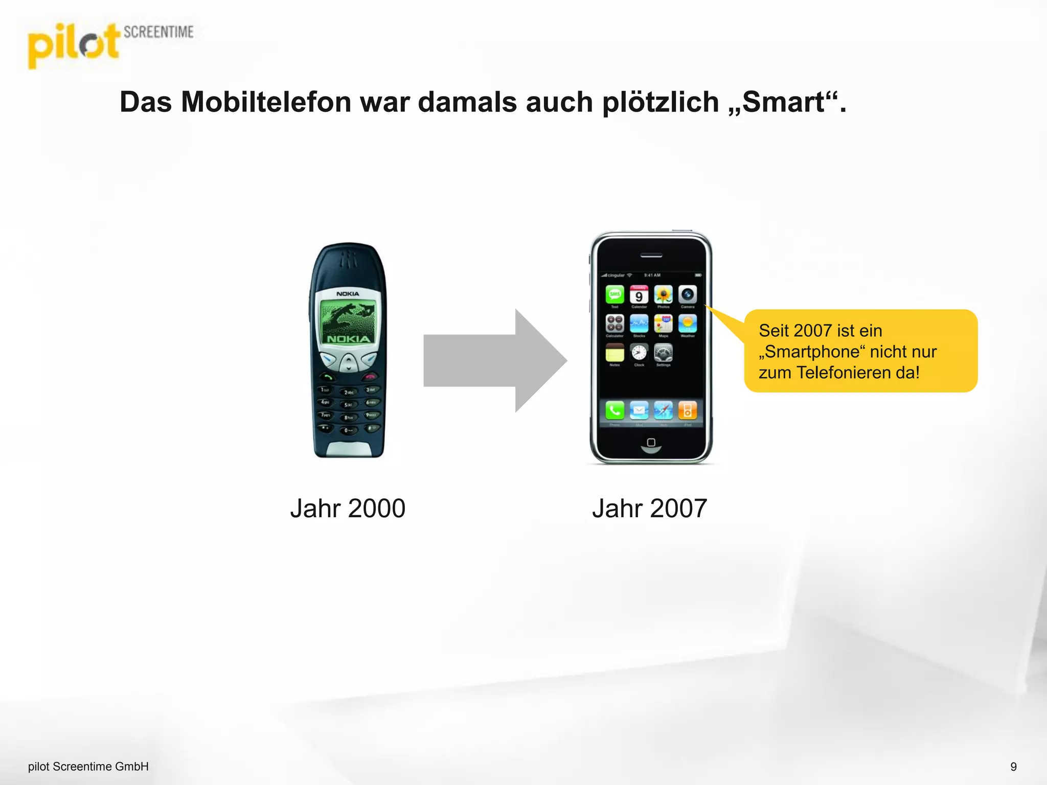 Das Mobiltelefon war damals auch plötzlich „Smart“.
pilot Screentime GmbH 9
Seit 2007 ist ein
„Smartphone“ nicht nur
zum Telefonieren da!
Jahr 2000 Jahr 2007
 