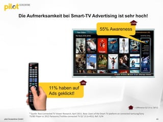 Die Aufmerksamkeit bei Smart-TV Advertising ist sehr hoch!
pilot Screentime GmbH 43
55% Awareness
* Quelle: Rovi Connected TV Viewer Research, April 2013, Base: Users of the Smart TV platform on connected Samsung/Sony
TV/BD Player or 2012 Panasonic/Toshiba connected TV Q1’13 (n=451); Ref: I1/I4
11% haben auf
Ads geklickt!
= difference Q1’13 vs. Q4’12
+8%
+14%
 