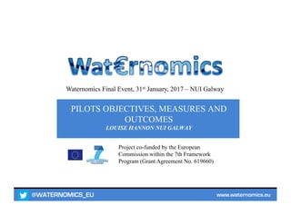 @WATERNOMICS_EU www.waternomics.eu
Project co-funded by the European
Commission within the 7th Framework
Program (Grant Agreement No. 619660)
PILOTS OBJECTIVES, MEASURES AND
OUTCOMES
LOUISE HANNON NUI GALWAY
Waternomics Final Event, 31st January, 2017 – NUI Galway
 