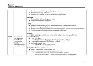 Annex C
Transcript of Note Takers


                                    Livelihood activities for organized groups of drivers
                                    Bike parking, shower and locker
                                    Greening the roads like nurseries and gardeners, landscapers

                              Facilities:
                                  Protected bicycle lanes along major roads
                                  Covered walkways and overpasses

                              Policy
                                 Establish color coding of tricycles and pedicabs by their routes and destinations
                                 Unified ticketing system for the trains
                                 Regulations regarding pedicab routes and design pedestrian friendly crossings at street levels
                                 Traffic calming: traffic signals) timed for cars and pedestrians

                              Creative
                                  Flash mobbing to model desired behavior, like falling in line, obeying traffic rules
THREE     Doc Jun Castro      Something Positive
          Nordy Pimentel          "ONE STOP AREA"
          Marty Abuzo                  o hospital, school, shopping mall, work opportunities, hotel, etc.
          Michelle Ann            Available spaces for future development expansion
          Santillan               Intermodal transfer area
          Caroline Mendoza             o jeep, MRT, bus, UV Express, tricycle
          Rosemarie Pariñas
                              Policy/Project we can do right away
                                  Central Bus Terminal --- maximize its use
                                  Unified vendor stalls similar to Makati (Jupiter St. area)
                                        o small booth for vendors, create economic activity (e.g. food
                                           deliveries, loading center), assign to them the cleanliness of the area and




                                                                                                                                   3
 