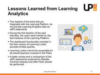 Lessons Learned from Learning
Analytics
The majority of the tools that are
integrated with the Learning Platform, do
not provide Learning Analytics data as
xAPI statements
During the first iteration of the pilot
activities, the users were trained on the
test instance of the Learning Platform.
The dashboard functionality included in
the free version of Learning Locker
provides limited queries.
Learning Locker cannot be accessible for
all school teachers involved in the Pilots
A better review and a comparison of the
xAPI statements produced by Moodle,
Common Spaces and other tools should
be performed.
www.up2university.eu 15
 