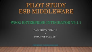 PILOT STUDY
ESB MIDDLEWARE
WSO2 ENTERPRISE INTEGRATOR V6.1.1
CAPABILITY DETAILS
&
PROOF OF CONCEPT
PREPARED BY : GANESH NAGALINGAM
 