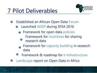 7 Pilot Deliverables
Established an African Open Data Forum
Launched AOSP during SFSA 2016
Framework for incentives for sharing
research data
Framework for open data policies
Framework for capacity building in research
data
Framework & roadmap for e-Infrastructure
Landscape report on Open Data in Africa
 