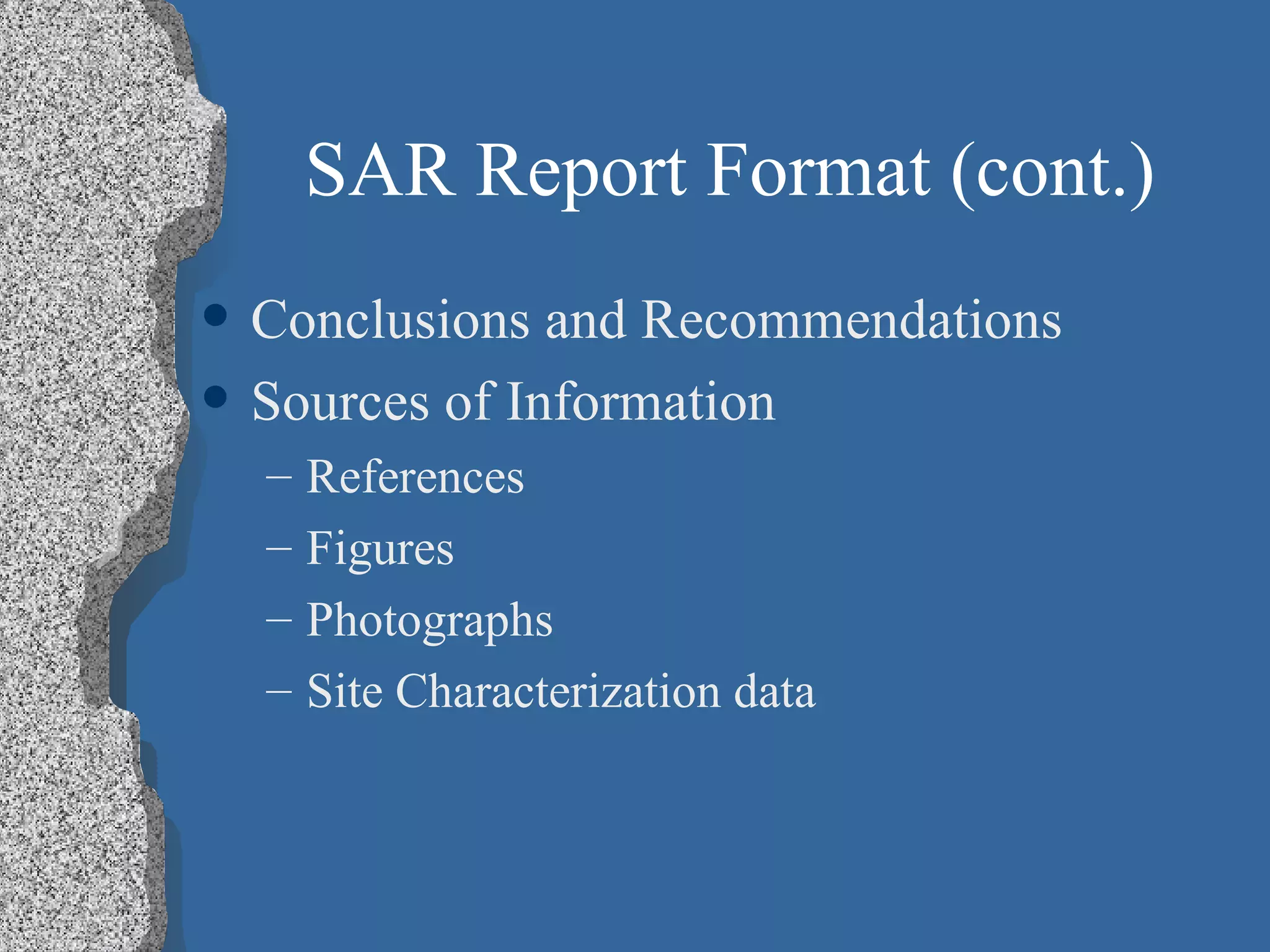 Conclusions and Recommendations Sources of Information References Figures Photographs Site Characterization data SAR Report Format (cont.) 
