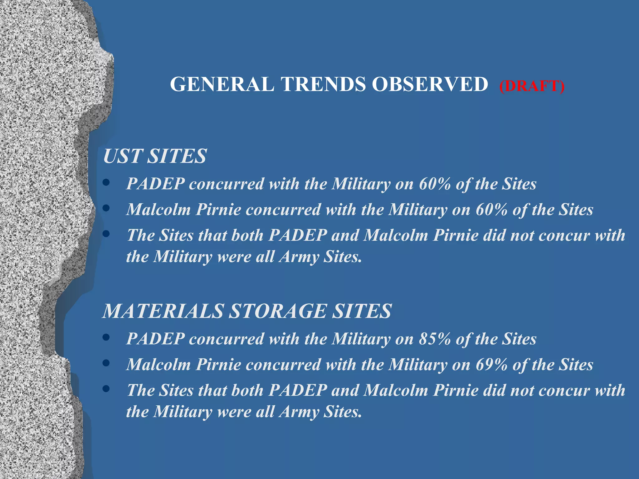 GENERAL TRENDS OBSERVED  (DRAFT) UST SITES  PADEP concurred with the Military on 60% of the Sites Malcolm Pirnie concurred with the Military on 60% of the Sites The Sites that both PADEP and Malcolm Pirnie did not concur with the Military were all Army Sites. MATERIALS STORAGE SITES PADEP concurred with the Military on 85% of the Sites Malcolm Pirnie concurred with the Military on 69% of the Sites The Sites that both PADEP and Malcolm Pirnie did not concur with the Military were all Army Sites. 