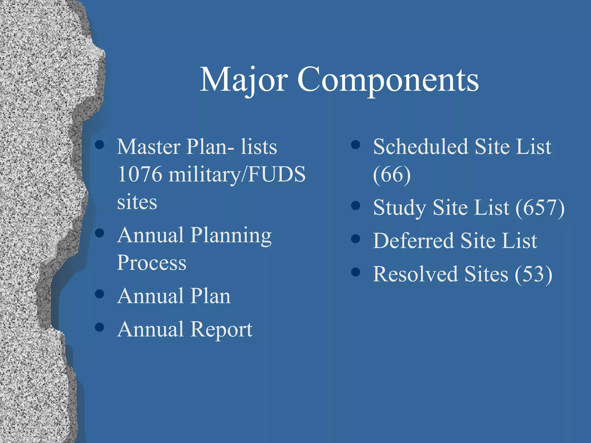 Major Components Master Plan- lists 1076 military/FUDS sites Annual Planning Process Annual Plan Annual Report Scheduled Site List (66) Study Site List (657) Deferred Site List  Resolved Sites (53) 