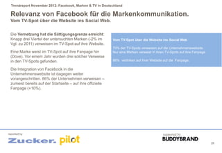 Trendreport November 2012: Facebook, Marken & TV in Deutschland

 Relevanz von Facebook für die Markenkommunikation.
 Vom TV-Spot über die Website ins Social Web.

 Die Vernetzung hat die Sättigungsgrenze erreicht:
 Knapp drei Viertel der untersuchten Marken (-2% im         Vom TV-Spot über die Website ins Social Web
 Vgl. zu 2011) verweisen im TV-Spot auf ihre Website.
                                                            70% der TV-Spots verweisen auf die Unternehmenswebsite.
 Eine Marke weist im TV-Spot auf ihre Fanpage hin           Nur eine Marken verweist in ihren TV-Spots auf ihre Fanpage.
 (Dove). Vor einem Jahr wurden drei solcher Verweise
 in den TV-Spots gefunden.                                  86% verlinken auf ihrer Website auf die Fanpage.

 Die Integration von Facebook in die
 Unternehmenswebsite ist dagegen weiter
 vorangeschritten. 86% der Unternehmen verweisen –
 zumeist bereits auf der Startseite – auf ihre offizielle
 Fanpage (+10%).




reported by                                                                                 supported by

                                                                                                                           26
 