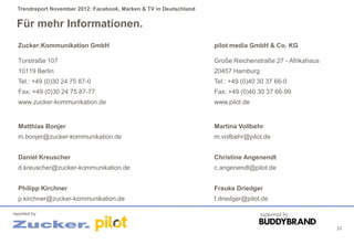 Trendreport November 2012: Facebook, Marken & TV in Deutschland


 Für mehr Informationen.
  Zucker.Kommunikation GmbH                                         pilot media GmbH & Co. KG

  Torstraße 107                                                     Große Reichenstraße 27 - Afrikahaus
  10119 Berlin                                                      20457 Hamburg
  Tel.: +49 (0)30 24 75 87-0                                        Tel.: +49 (0)40 30 37 66-0
  Fax: +49 (0)30 24 75 87-77                                        Fax: +49 (0)40 30 37 66-99
  www.zucker-kommunikation.de                                       www.pilot.de


  Matthias Bonjer                                                   Martina Vollbehr
  m.bonjer@zucker-kommunikation.de                                  m.vollbehr@pilot.de


  Daniel Kreuscher                                                  Christine Angenendt
  d.kreuscher@zucker-kommunikation.de                               c.angenendt@pilot.de


  Philipp Kirchner                                                  Frauke Driedger
  p.kirchner@zucker-kommunikation.de                                f.driedger@pilot.de

reported by                                                                         supported by

                                                                                                          33
 