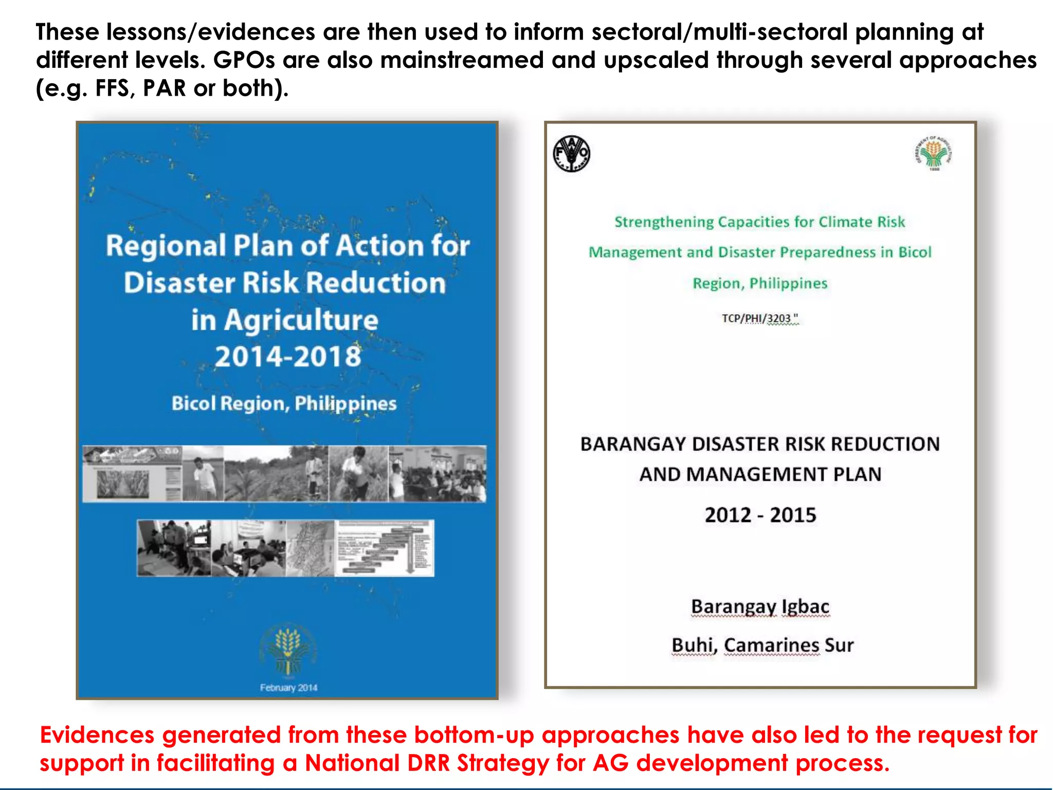 These lessons/evidences are then used to inform sectoral/multi-sectoral planning at
different levels. GPOs are also mainstreamed and upscaled through several approaches
(e.g. FFS, PAR or both).
Evidences generated from these bottom-up approaches have also led to the request for
support in facilitating a National DRR Strategy for AG development process.
 