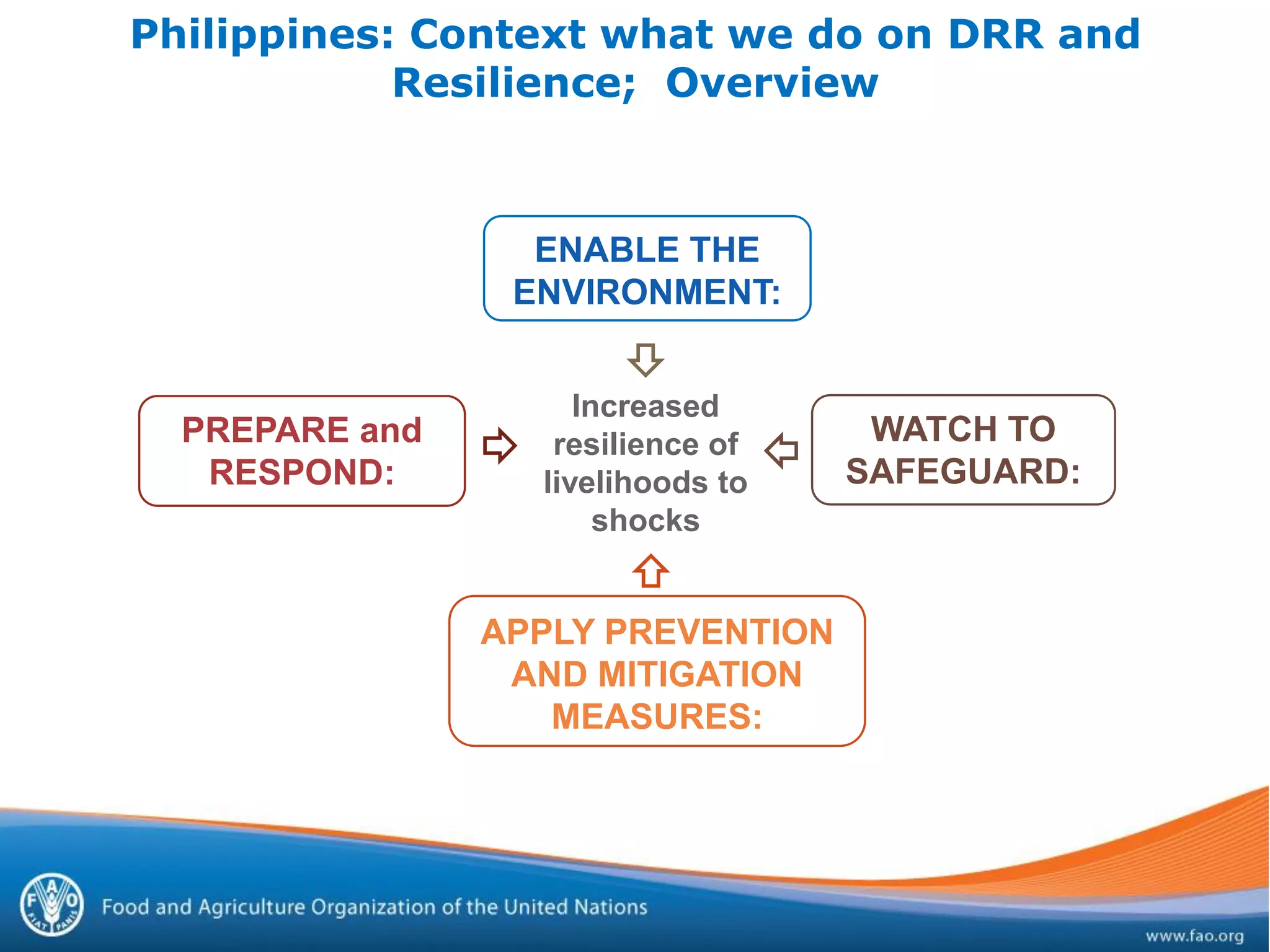 Philippines: Context what we do on DRR and
Resilience; Overview
Increased
resilience of
livelihoods to
shocks
APPLY PREVENTION
AND MITIGATION
MEASURES:
WATCH TO
SAFEGUARD:
ENABLE THE
ENVIRONMENT:
PREPARE and
RESPOND:
 