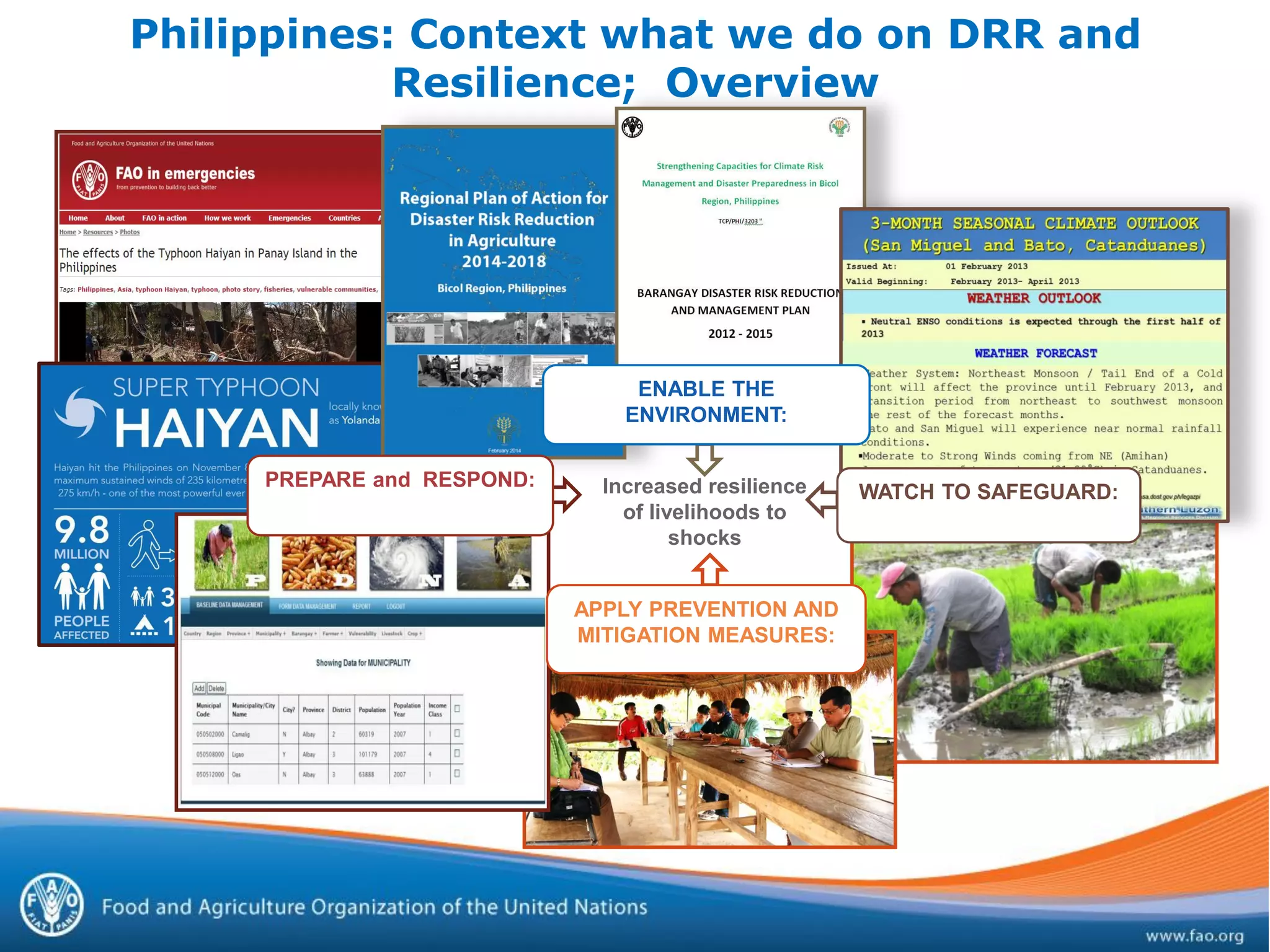 Philippines: Context what we do on DRR and
Resilience; Overview
Increased resilience
of livelihoods to
shocks
APPLY PREVENTION AND
MITIGATION MEASURES:
WATCH TO SAFEGUARD:
ENABLE THE
ENVIRONMENT:
PREPARE and RESPOND:
 