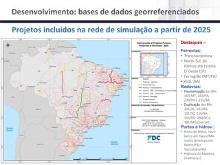 NÚCLEO DE LOGÍSTICA, SUPPLY CHAIN E INFRAESTRUTURA
Material de responsabilidade do professor
Projetos incluídos na rede de simulação a partir de 2025
Destaques –
Ferrovias:
• Transnordestina
• Norte-Sul, de
Palmas até Estrela
D´Oeste (SP)
• Ferrogrão (MT/PA)
• FIOL (BA)
Rodovias:
• Pavimentação das BRs
163/MT, 163/PA,
230/PA e 235/BA
• Duplicação das BRs
101/AL, 101/BA,
101/SC, 116/BA,
116/RS, 280/SC e
381/MG (parcial).
Portos e hidrov.:
• Porto de Ilhéus, novo
berço em Itaqui/MA,
novos terminais em
Belém/PA e
Itacoatiara/AM
• Hidrovia do Madeira
(melhorias)
Desenvolvimento: bases de dados georreferenciados
 