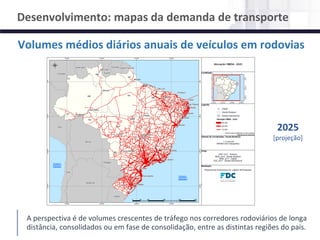 NÚCLEO DE LOGÍSTICA, SUPPLY CHAIN E INFRAESTRUTURA
Material de responsabilidade do professor
Volumes médios diários anuais de veículos em rodovias
Desenvolvimento: mapas da demanda de transporte
A perspectiva é de volumes crescentes de tráfego nos corredores rodoviários de longa
distância, consolidados ou em fase de consolidação, entre as distintas regiões do país.
2025
[projeção]
 