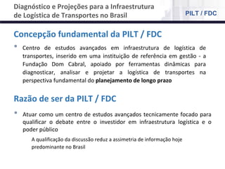 NÚCLEO DE LOGÍSTICA, SUPPLY CHAIN E INFRAESTRUTURA
Material de responsabilidade do professor
Diagnóstico e Projeções para a Infraestrutura
de Logística de Transportes no Brasil
Concepção fundamental da PILT / FDC
• Centro de estudos avançados em infraestrutura de logística de
transportes, inserido em uma instituição de referência em gestão - a
Fundação Dom Cabral, apoiado por ferramentas dinâmicas para
diagnosticar, analisar e projetar a logística de transportes na
perspectiva fundamental do planejamento de longo prazo
Razão de ser da PILT / FDC
• Atuar como um centro de estudos avançados tecnicamente focado para
qualificar o debate entre o investidor em infraestrutura logística e o
poder público
A qualificação da discussão reduz a assimetria de informação hoje
predominante no Brasil
PILT / FDC
 
