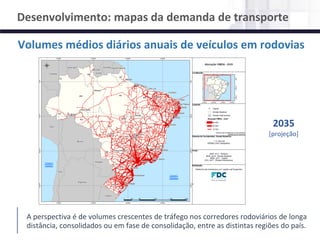 NÚCLEO DE LOGÍSTICA, SUPPLY CHAIN E INFRAESTRUTURA
Material de responsabilidade do professor
Volumes médios diários anuais de veículos em rodovias
Desenvolvimento: mapas da demanda de transporte
A perspectiva é de volumes crescentes de tráfego nos corredores rodoviários de longa
distância, consolidados ou em fase de consolidação, entre as distintas regiões do país.
2035
[projeção]
 