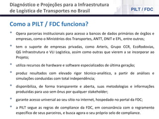 NÚCLEO DE LOGÍSTICA, SUPPLY CHAIN E INFRAESTRUTURA
Material de responsabilidade do professor
Como a PILT / FDC funciona?
• Opera parcerias institucionais para acesso a bancos de dados primários de órgãos e
empresas, como o Ministérios dos Transportes, ANTT, DNIT e EPL, entre outros;
• tem o suporte de empresas privadas, como Arteris, Grupo CCR, EcoRodovias,
QG Infraestrutura e VLI Logística, assim como outras que vierem a se incorporar ao
Projeto;
• utiliza recursos de hardware e software especializados de última geração;
• produz resultados com elevado rigor técnico-analítico, a partir de análises e
simulações conduzidas com total independência;
• disponibiliza, de forma transparente e aberta, suas metodologias e informações
produzidas para uso sem ônus por qualquer stakeholder;
• garante acesso universal ao seu sítio na internet, hospedado no portal da FDC;
• a PILT segue as regras de compliance da FDC, em consonância com o regramento
específico de seus parceiros, e busca agora o seu próprio selo de compliance.
Diagnóstico e Projeções para a Infraestrutura
de Logística de Transportes no Brasil PILT / FDC
 